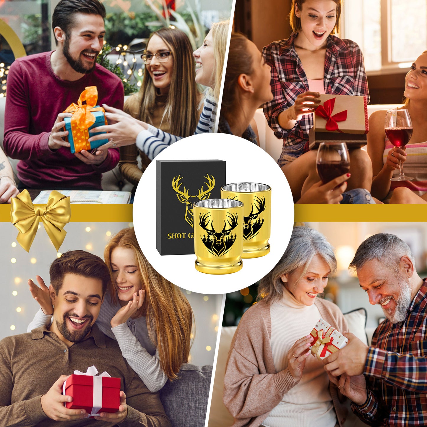 The Last Aztec, 2pcs  50 Caliber Deer Head Golden Plastic Wine Glasses With Gift Box - Leak Proof, Reusable - Stylish Animal Print Design, Suitable For Whiskey, Tequila, Etc