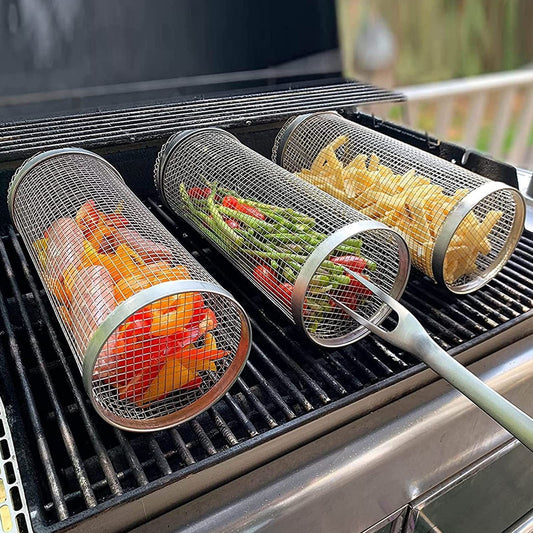 The Last Aztec, Rolling Grilling Basket Metal BBQ Barbecue Basket Net Portable Outdoor Camping Barbecue Rack Kitchen Gadgets