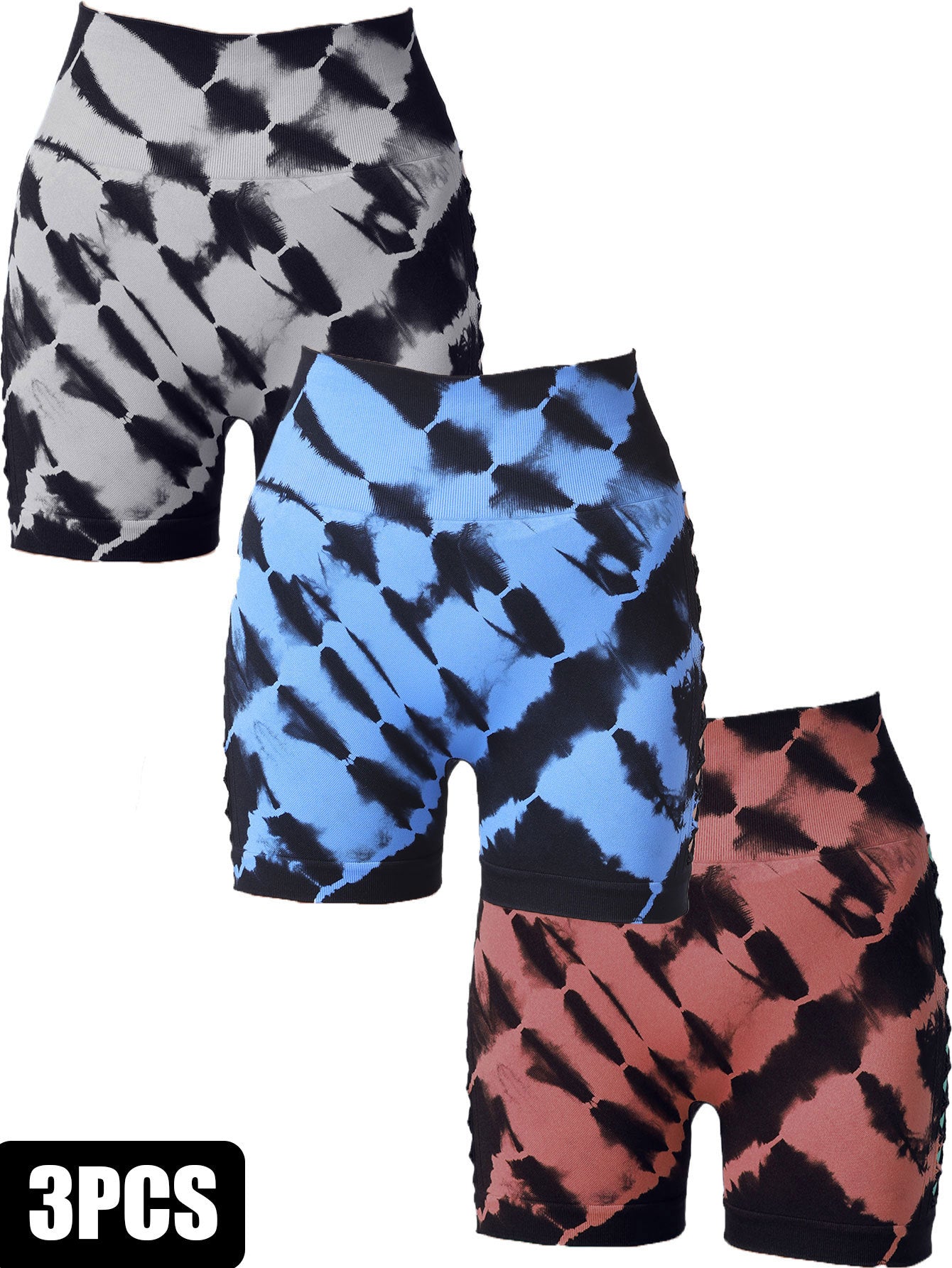 The Last Aztec, (Get One Size Bigger Than Your Regular Size), 3 Pack Women's Side Cut-Out Tie-Dye Seamless Hip Lift High Waist Sports Fitness Yoga Shorts