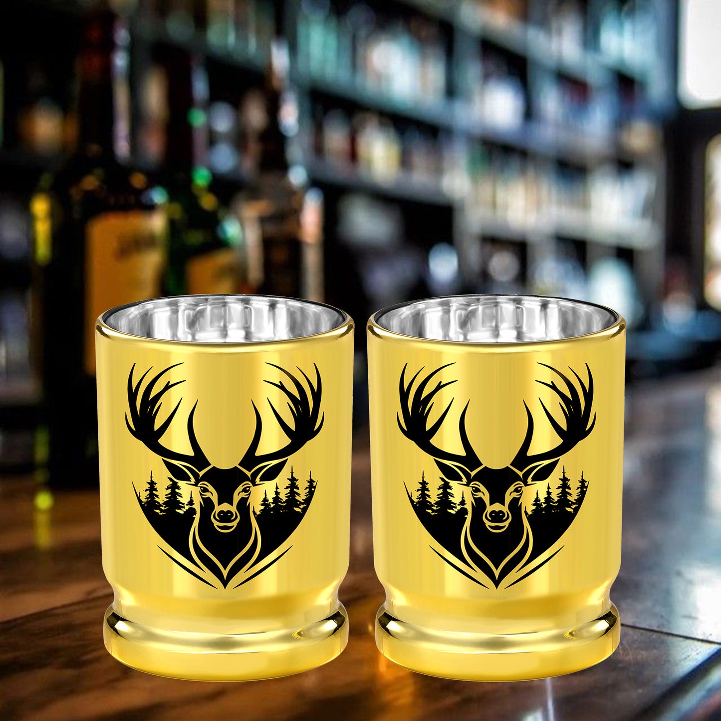 The Last Aztec, 2pcs  50 Caliber Deer Head Golden Plastic Wine Glasses With Gift Box - Leak Proof, Reusable - Stylish Animal Print Design, Suitable For Whiskey, Tequila, Etc