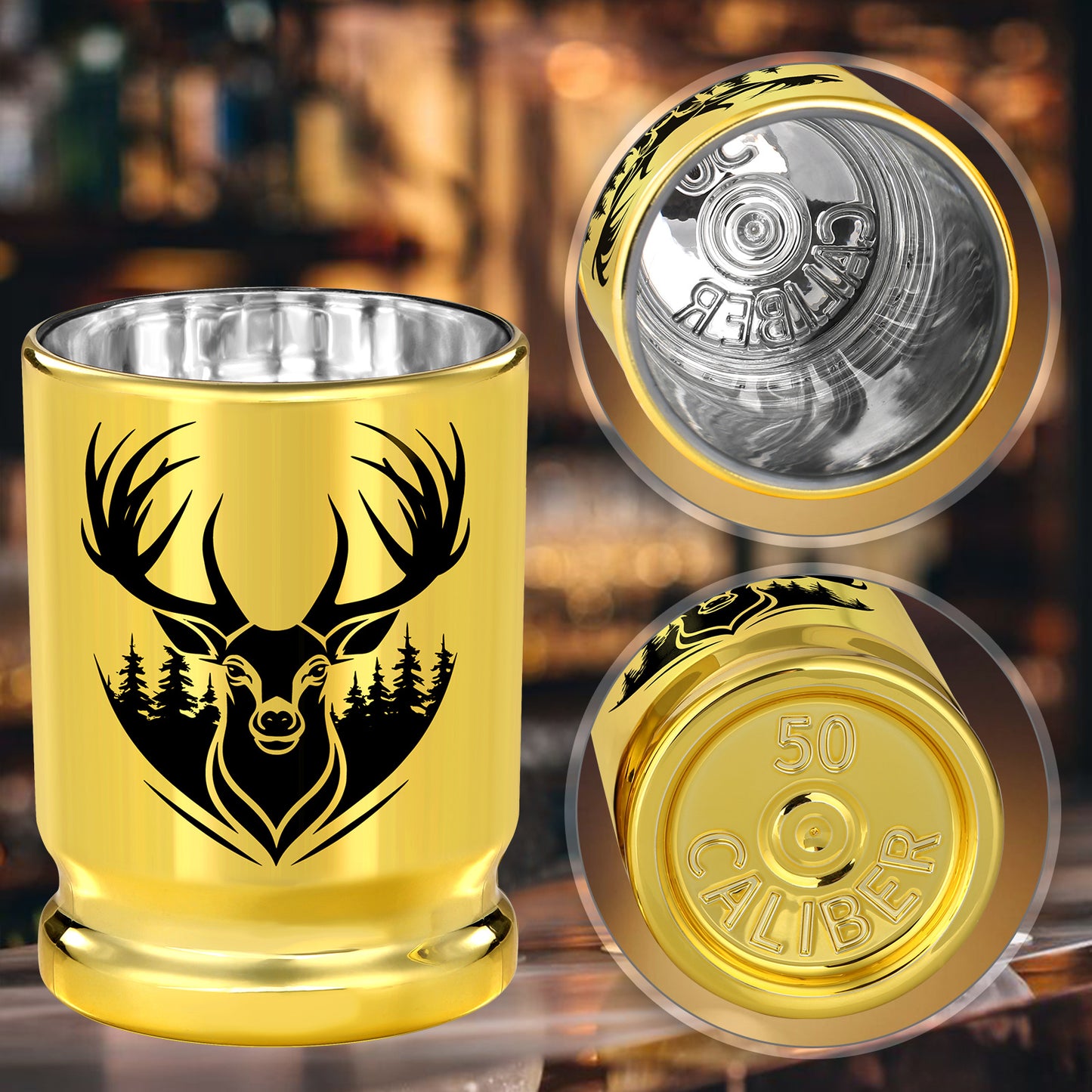 The Last Aztec, 2pcs  50 Caliber Deer Head Golden Plastic Wine Glasses With Gift Box - Leak Proof, Reusable - Stylish Animal Print Design, Suitable For Whiskey, Tequila, Etc