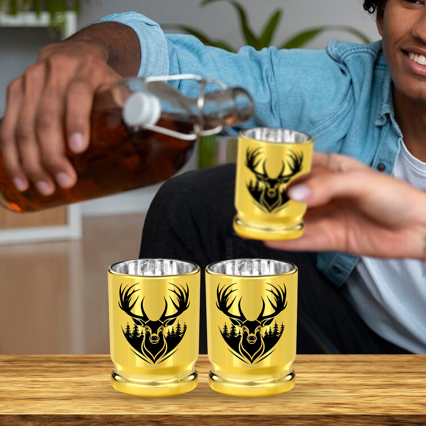 The Last Aztec, 2pcs  50 Caliber Deer Head Golden Plastic Wine Glasses With Gift Box - Leak Proof, Reusable - Stylish Animal Print Design, Suitable For Whiskey, Tequila, Etc