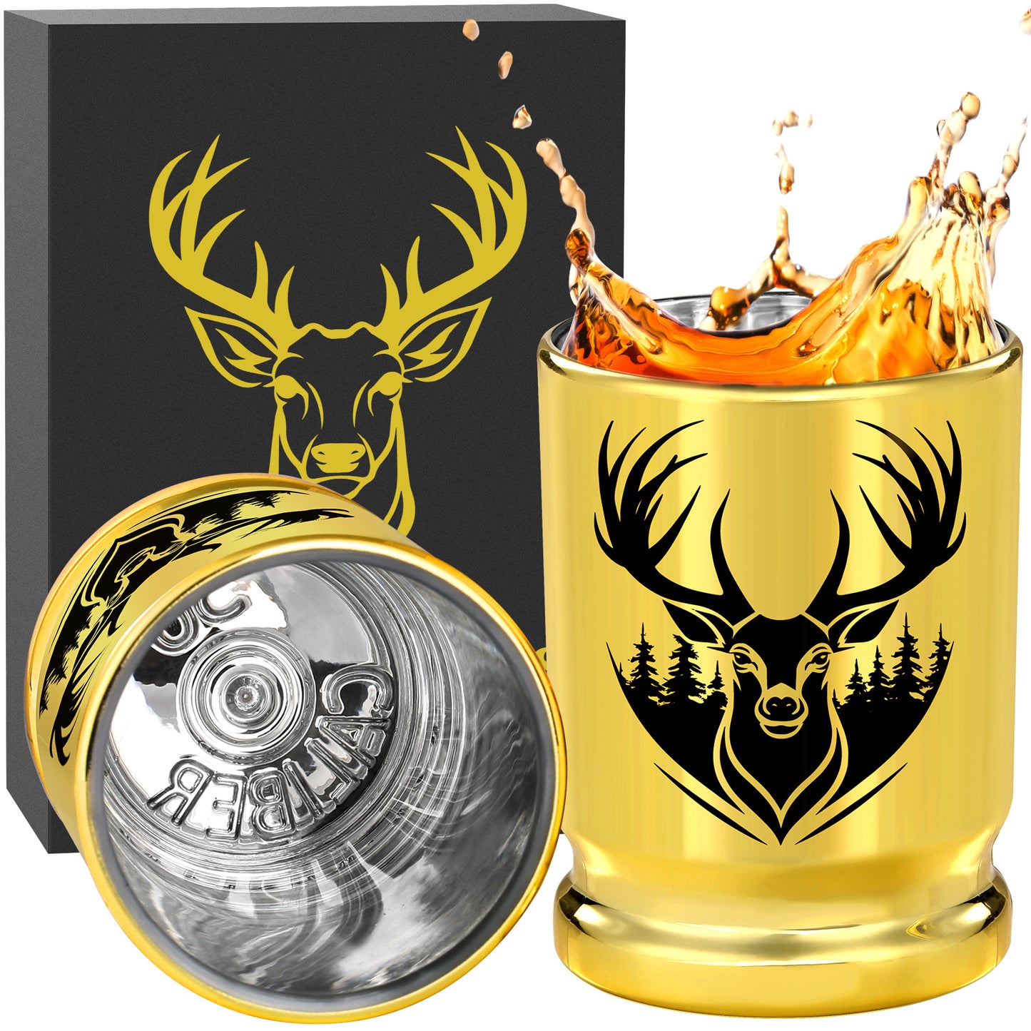 The Last Aztec, 2pcs  50 Caliber Deer Head Golden Plastic Wine Glasses With Gift Box - Leak Proof, Reusable - Stylish Animal Print Design, Suitable For Whiskey, Tequila, Etc