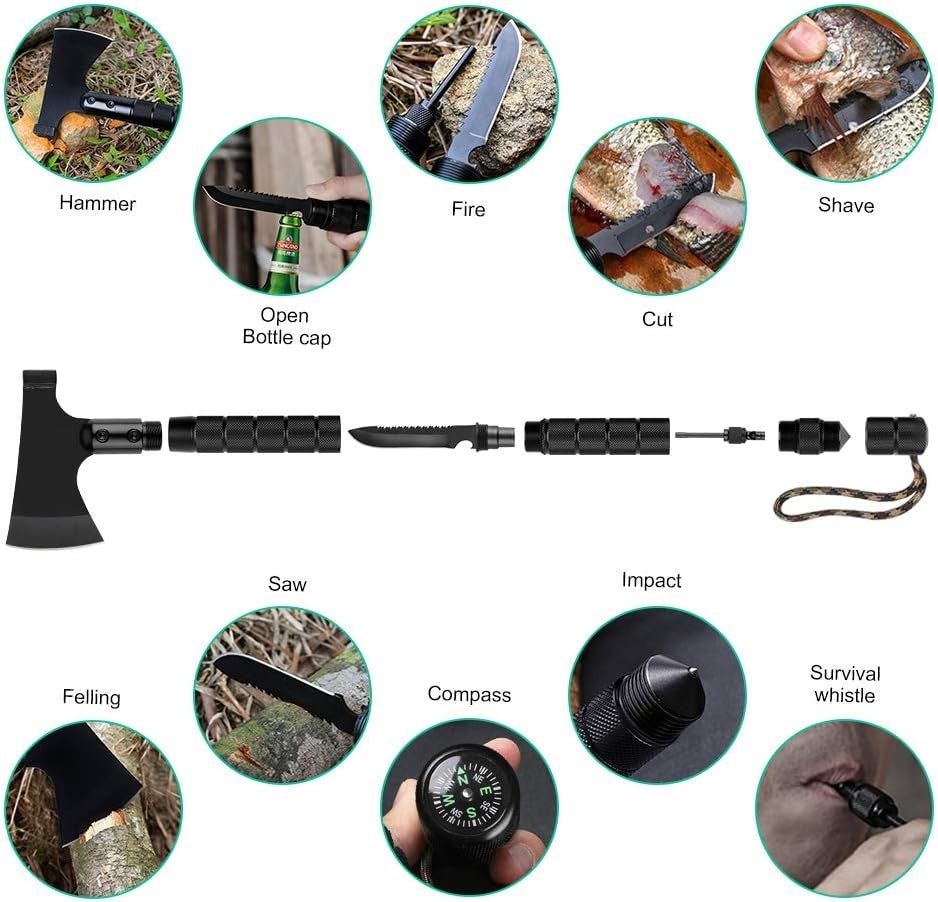 The Last Aztec, 9-in-1 Portable Survival Axe, Multi-functional Tool For Jungle Camping, Tree Cutting, Hiking, Emergency, Outdoor Adventure, Backpacking, Bushcraft, And Wilderness Survival Gear