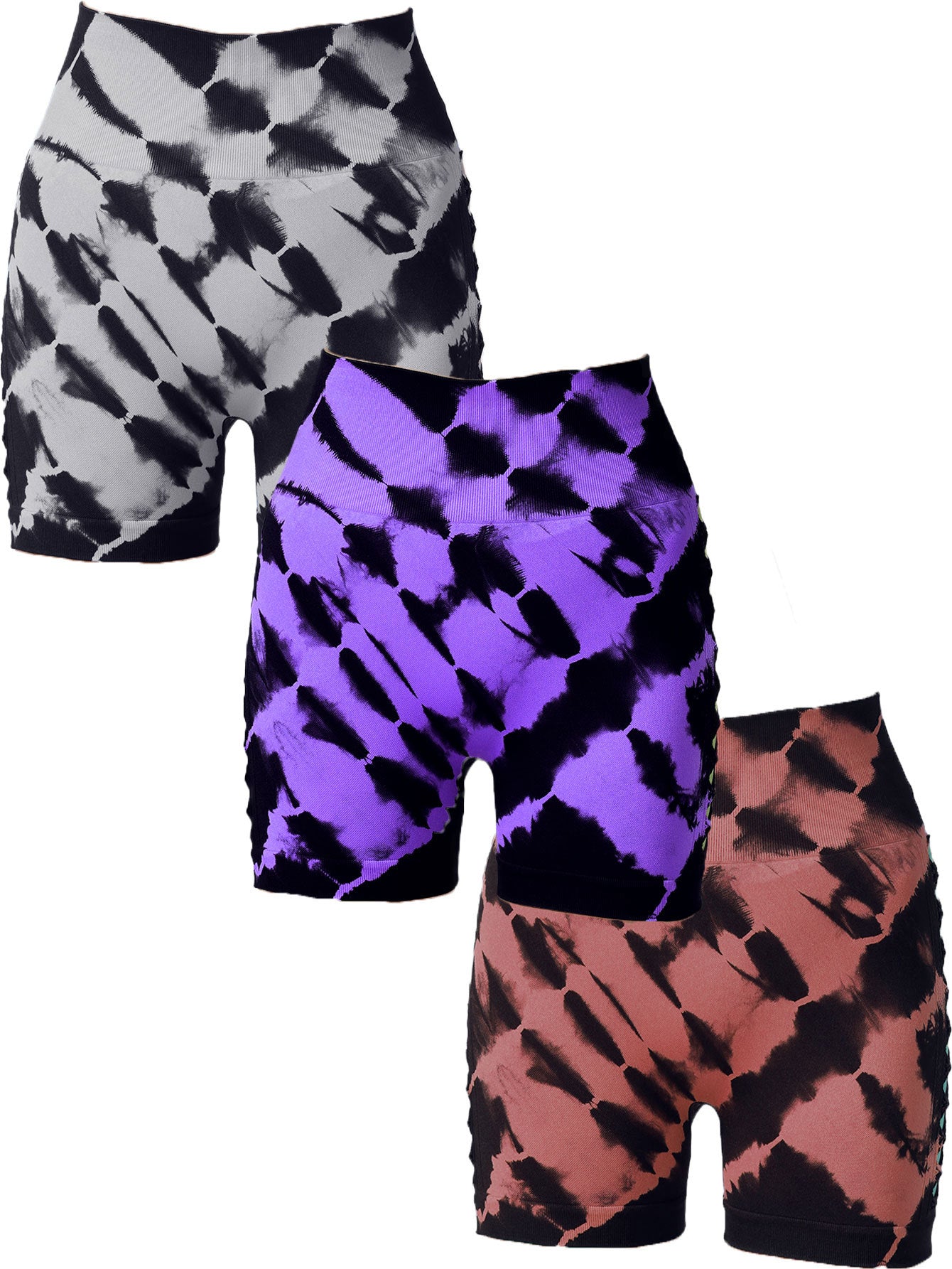 The Last Aztec, (Get One Size Bigger Than Your Regular Size), 3 Pack Women's Side Cut-Out Tie-Dye Seamless Hip Lift High Waist Sports Fitness Yoga Shorts