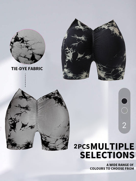 The Last Aztec, (Get One Size Bigger Than Your Regular Size), 2 Pack Women's Tie Dye High Waist V-Back Scrunch Yoga Shorts, Peach Lift Seamless Sport Athletic Shorts With Stretch Fabric, Fitness Workout Bottoms