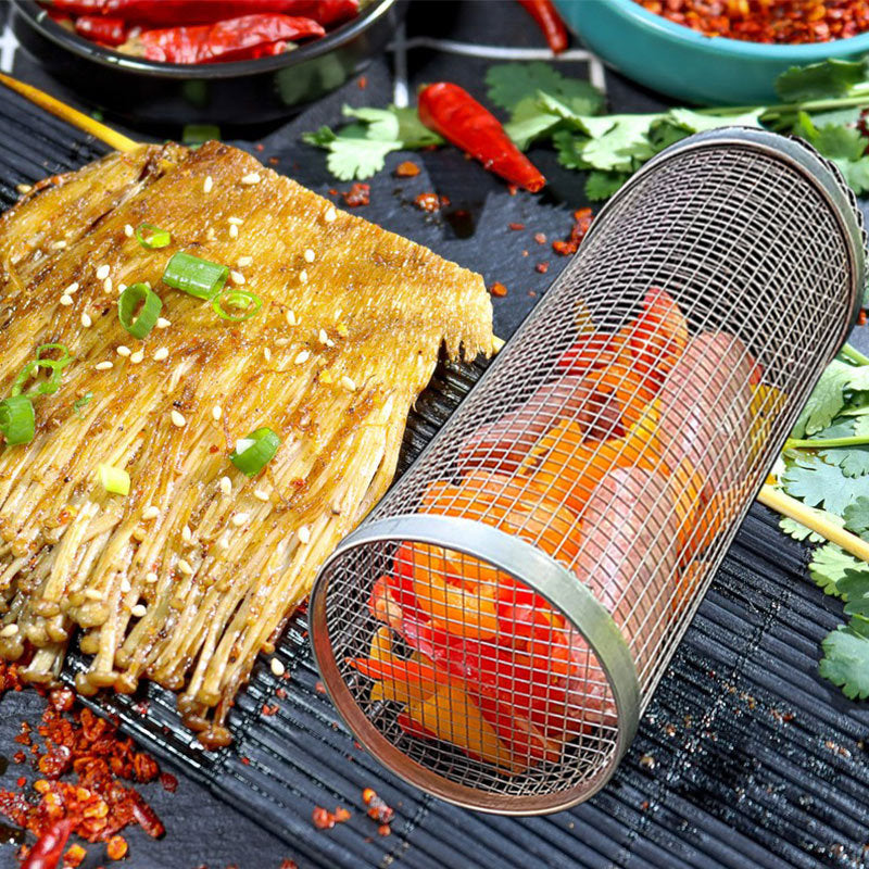 The Last Aztec, Rolling Grilling Basket Metal BBQ Barbecue Basket Net Portable Outdoor Camping Barbecue Rack Kitchen Gadgets
