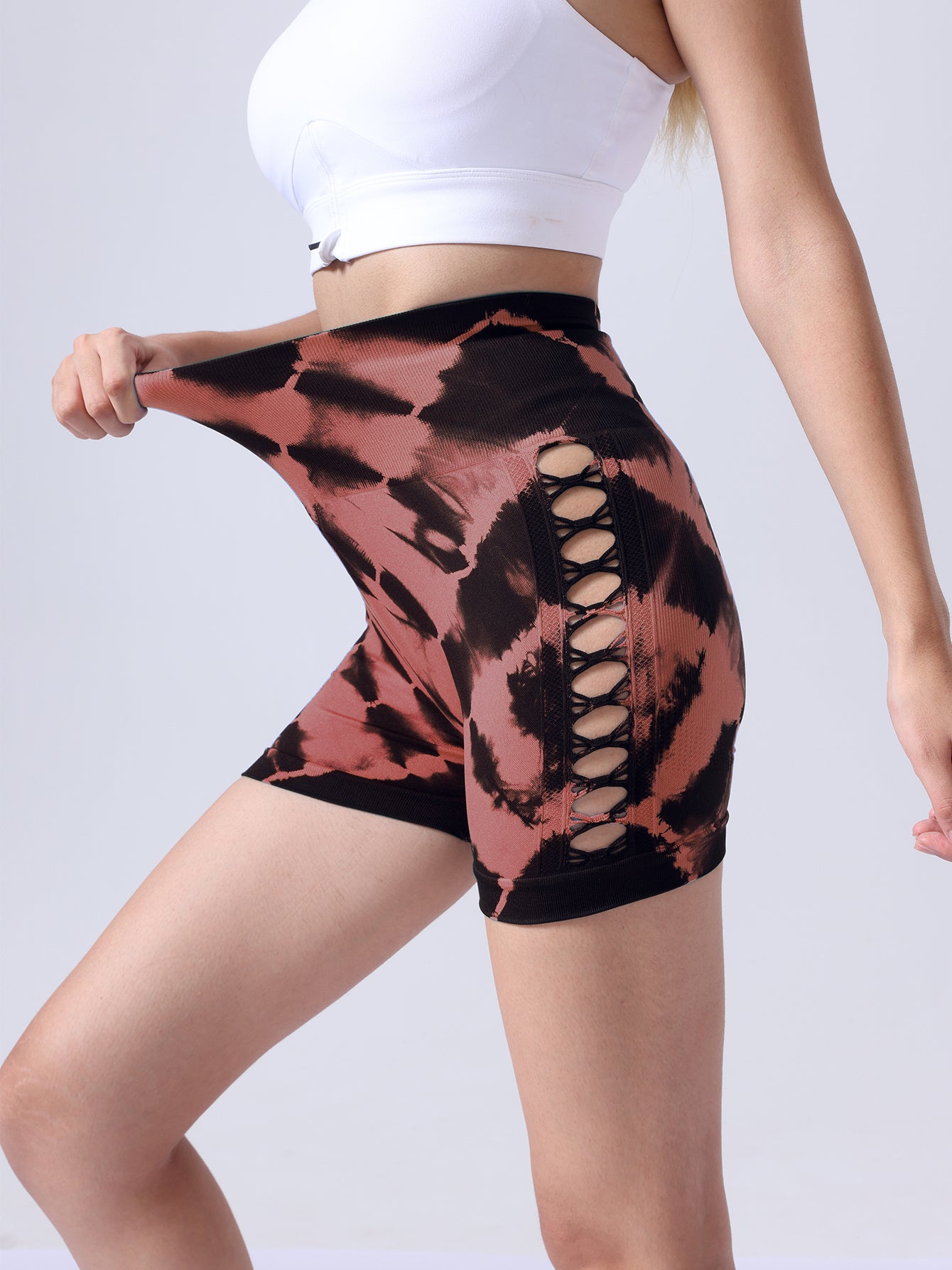 The Last Aztec, (Get One Size Bigger Than Your Regular Size), 3 Pack Women's Side Cut-Out Tie-Dye Seamless Hip Lift High Waist Sports Fitness Yoga Shorts