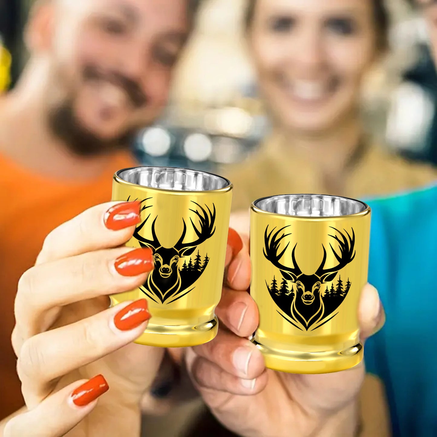 The Last Aztec, 2pcs  50 Caliber Deer Head Golden Plastic Wine Glasses With Gift Box - Leak Proof, Reusable - Stylish Animal Print Design, Suitable For Whiskey, Tequila, Etc