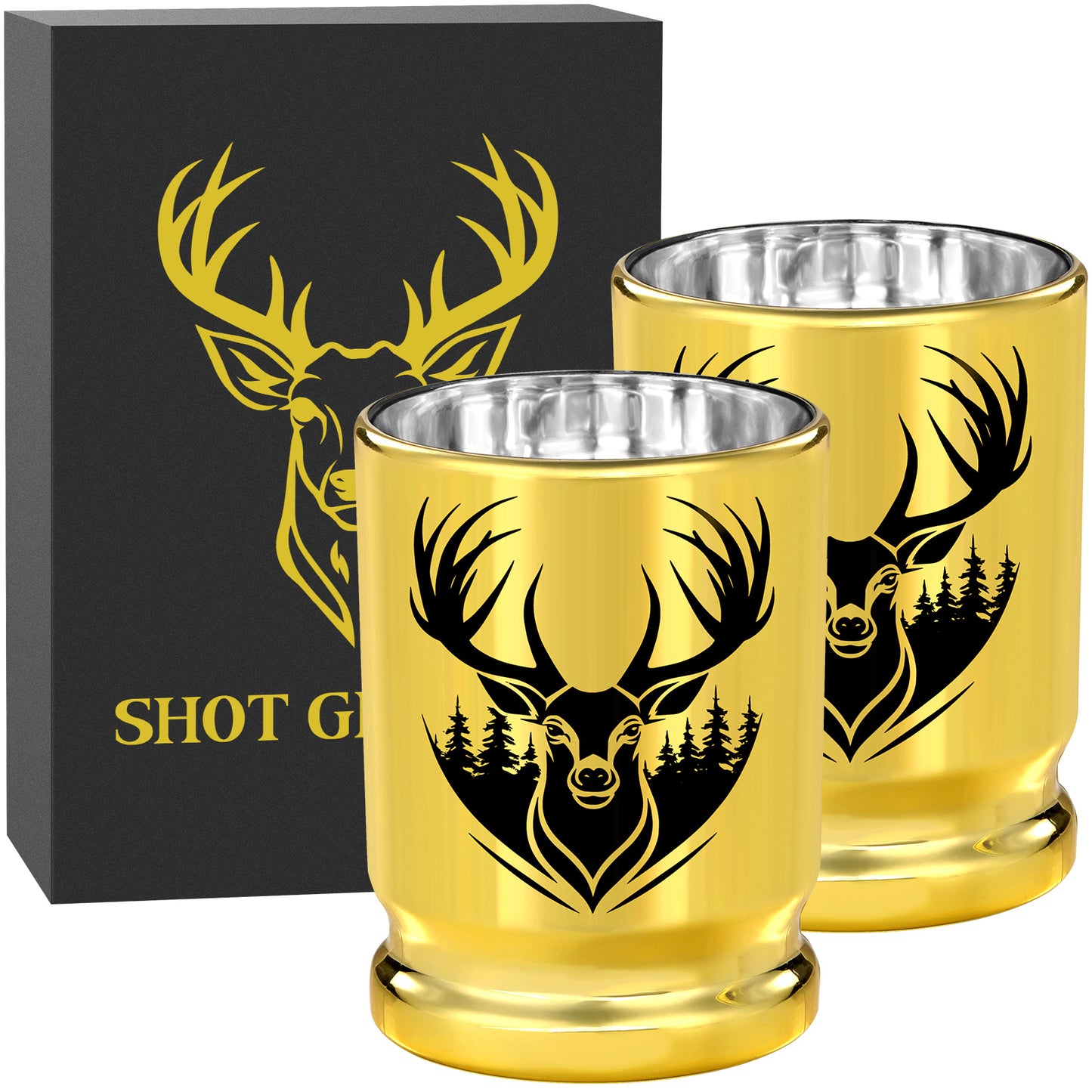 The Last Aztec, 2pcs  50 Caliber Deer Head Golden Plastic Wine Glasses With Gift Box - Leak Proof, Reusable - Stylish Animal Print Design, Suitable For Whiskey, Tequila, Etc